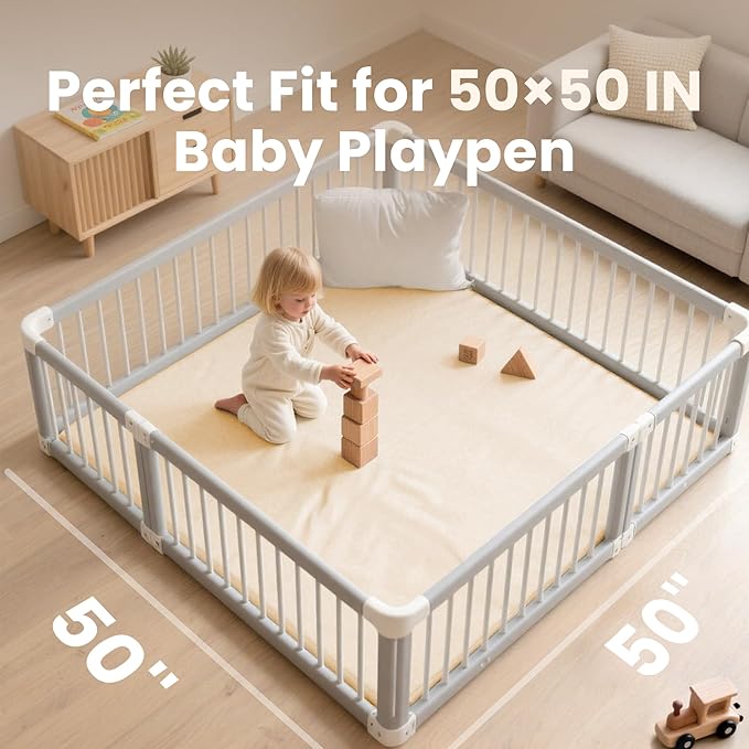 Baby Play Mat 50x50 Inches,1.3" Thick Padded Waterproof Floor Cushion & Playpen Mat with Vegan Leather,Non-Slip & Non-Toxic Nursery Rug for Infants, Toddlers & Kids(Beige)