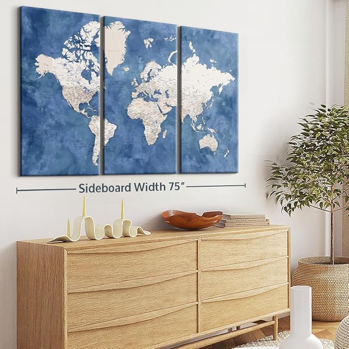 ElephantStock Detailed World Map With Cities I Wall Art - Horizontal Canvas - 3-Piece Living Room Decor - Watercolor Map Canvas Print - Beige and Blue Wall Decor by Blursbyai - 74" X 48"