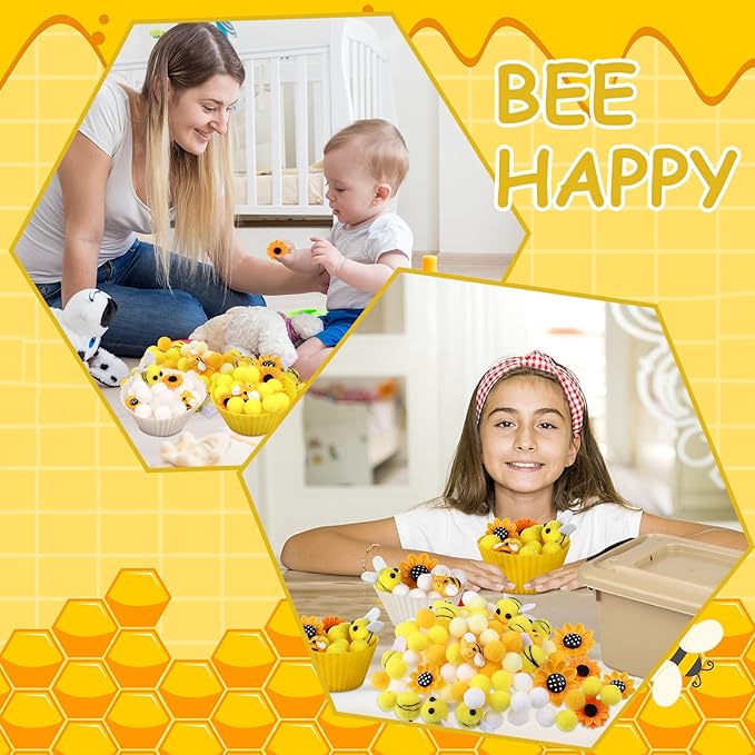 303Pcs Bee Sensory Bin Filler Fine Motor Toys Sunflower Counting Sorting 200 Felt Pompoms 40 Sunflowers 50 bees 6 Tweezers 6 Silicone Plates 1Storage Box for Counting Sorting DIY Crafts(Bee Sunflower)
