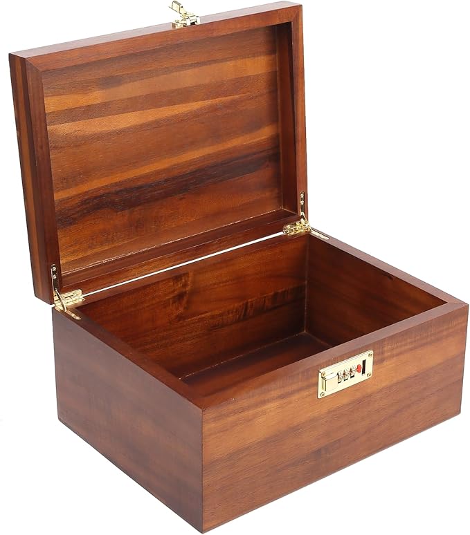 Large Wooden Storage Box with Combination Lock, 12.5 IN Acacia Wood Keepsake Box with Lid for Storage Trinkets, Jewelry, Card, Photo, Wooden Lock Decortive Case for Home -WB005-X Large