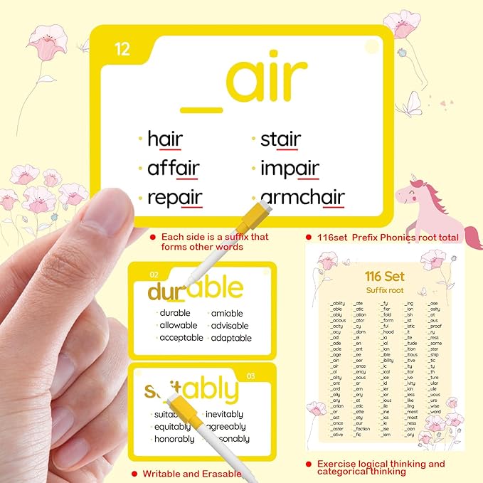 WJPC 232 Set Phonics Suffix Prefix Words Flash Cards,Sigh Words Flash Cards, for 7,8,9,10,11,12 Years 2nd, 3rd, 4th, 5th Grade Boys&Girls&Kids Learning Writing Reading