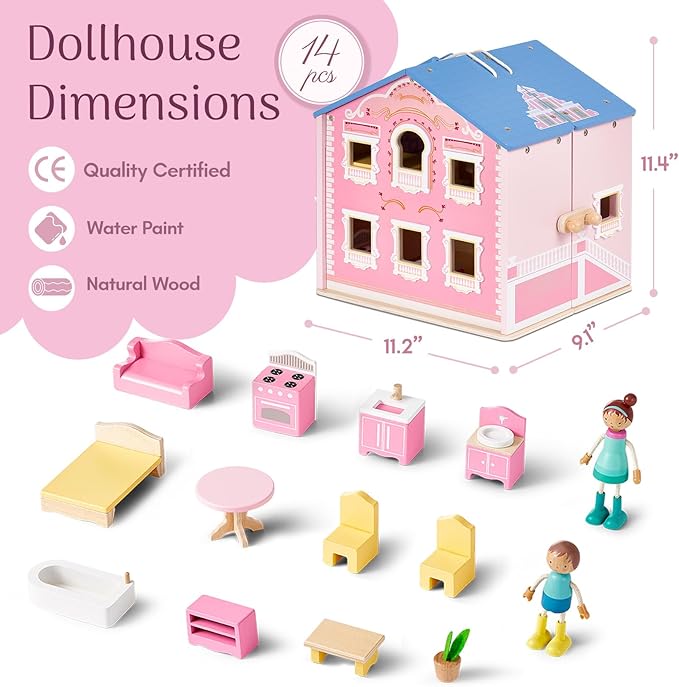 Giant bean Exquisite Pink Wooden Dollhouse for Girls with 2 Dolls and 12pcs Wooden Furniture,Foldable and Portable Pretend Play House Set with Handle, Christmas Birthday Gift for Girls Kids Age 3+