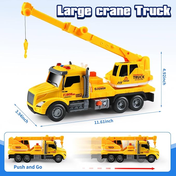 Crane Truck Toy for Kids Ages 3-7, Kids Toys Friction Powered Construction Vehicle with Extendable Arm, Rotating Crane, Lights and Sounds Birthday Gifts for Boys Girls