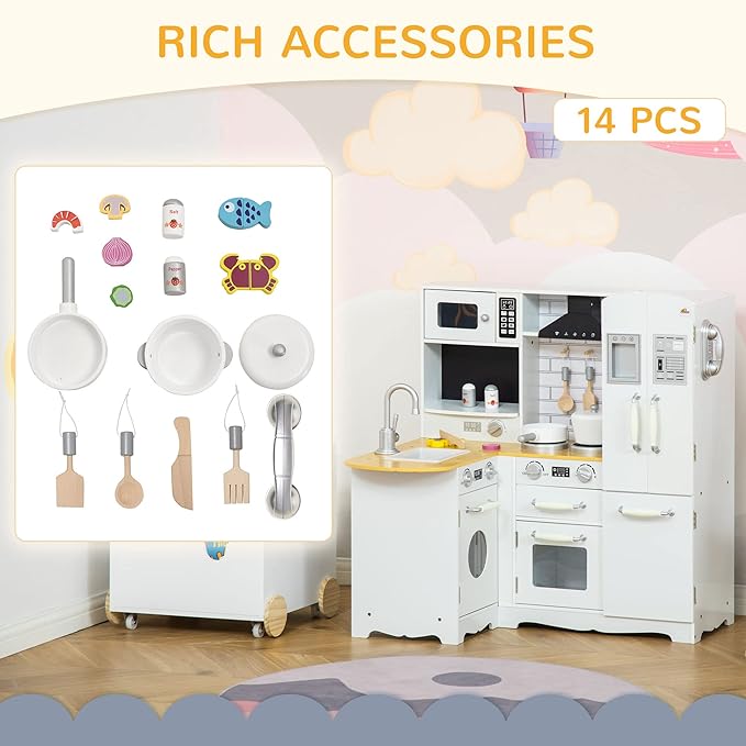 Qaba Pretend Play Corner Kitchen, Interactive Wooden Kids Play Kitchen w/Realistic Sounds, Telephone, Refrigerator, Oven, Microwave, Gift for Toddlers Aged 3+