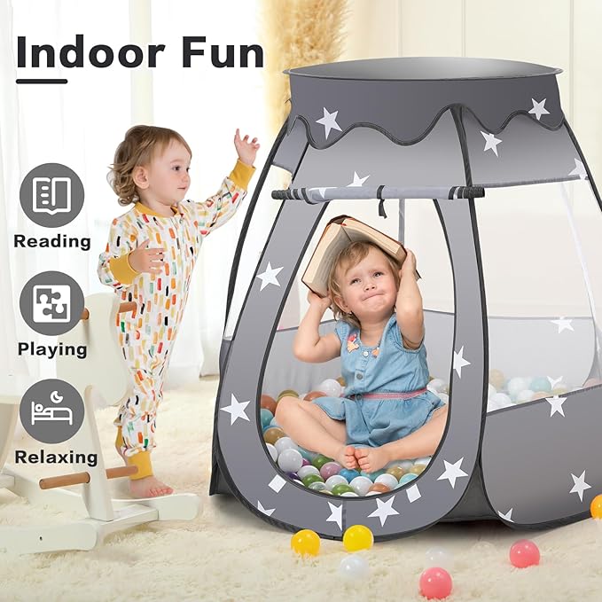 Baby Ball Pit for Toddler: with Star Lights - Pop Up Princess Play Tent for Kids - Indoor Outdoor Baby Girl Toys Birthday Gifts - NO Balls (Black Tent)