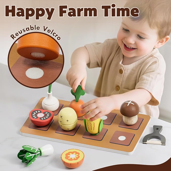 Wooden Play Food Sets for Kids Kitchen, Farm to Table, Play Kitchen Accessories Cutting Vegetables Toy, Pretend Play Food Cooking Games, Learning Resources Food for Kids 3+