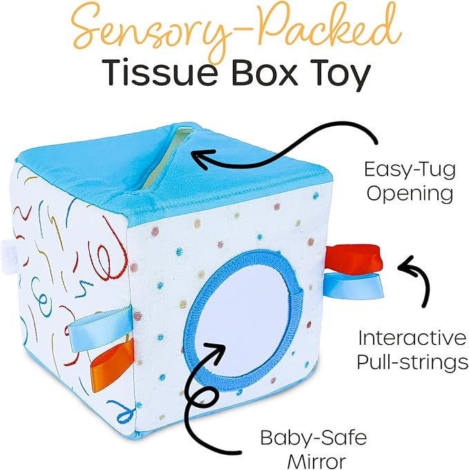 Quiggly Soft Fabric Tissue Box Toy for Babies- Montessori Sensory Development Toy for 6-12 Month Olds - 100% Cotton, Crinkle Tissues, Ribbon Details, Safety Mirror- Ideal for Infant Gross Motor Skills