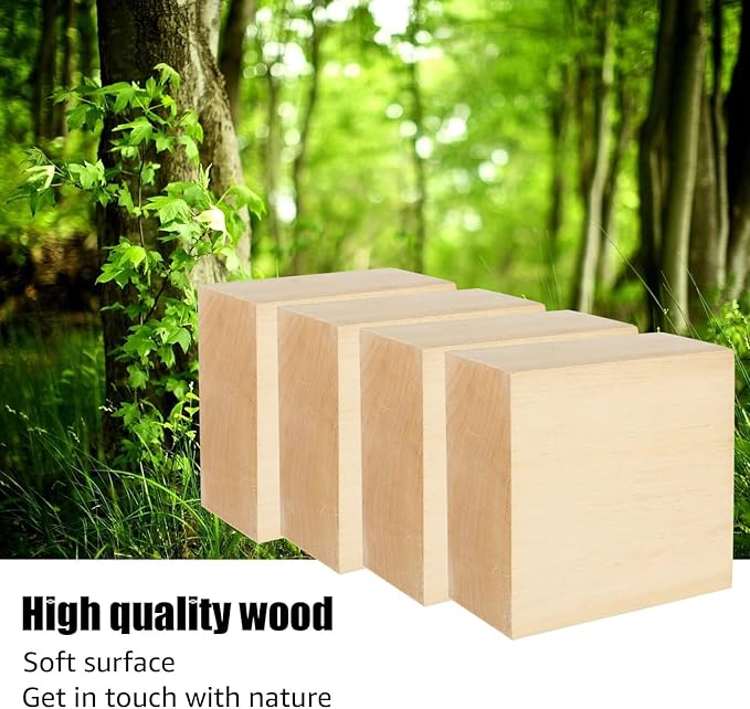 SHUESS 4 PCS Basswood Carving Blocks 4 X 4 X 2 inch Basswood for Wood Carving Whittling Wood Carvings Blocks Wooden Blocks for Carving Unfinished Wooden Block for Adults Beginners or Expert