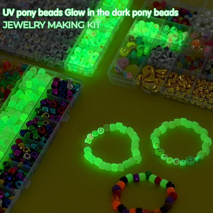 SJZWSD Friendship Bracelet Making Kit– 6 Boxes of Pony, Seed, Clay & Letter Beads, UV Glow in The Dark Beads, Tools & Charms – Jewelry Craft Kit for Kids & Adults