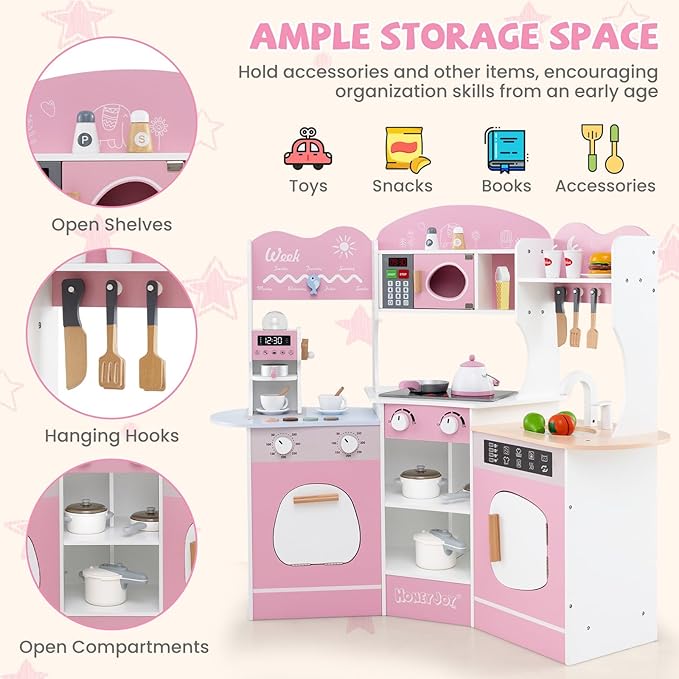 HONEY JOY Corner Play Kitchen, Toddler Wooden Toy Kitchen Set w/Lights, Coffee Maker, Microwave, Sink, Faucet, Little Chef Pretend Play Kids Kitchen Playset for Boys Girls (Pink)