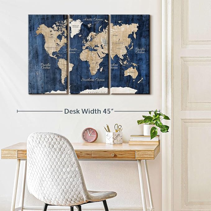 ElephantStock Aged Blue World Map II Canvas - 3 Panel Wall Decor - World Map Digital Art - Blue Wall Art - 38" X 24"