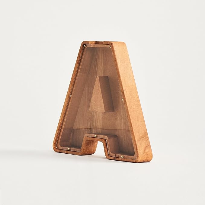 Personalized Wooden Piggy Bank – Custom Letter A Coin Bank in Beech Wood with Acrylic Front, Name Engraving, Money Saving Box for Kids and Adults