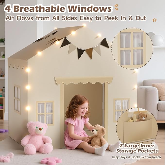 EagleStone 2-in-1 Kids Tent,Large Play Tent with Padded Mat and Lights,Kids Playhouse with 2 Doors & 4 Windows,2 Large Side Pockets,Indoor Outdoor Kid Play Tent for Toddlers,53" x40" x 51"