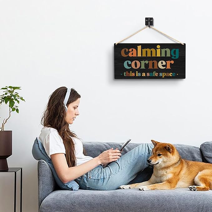 Calming Corner Hanging Wood Sign - Safe Space, Classroom Decor, School Counselor Office, Calm Down Corner Decorations, Boho Style (Black), 12x6