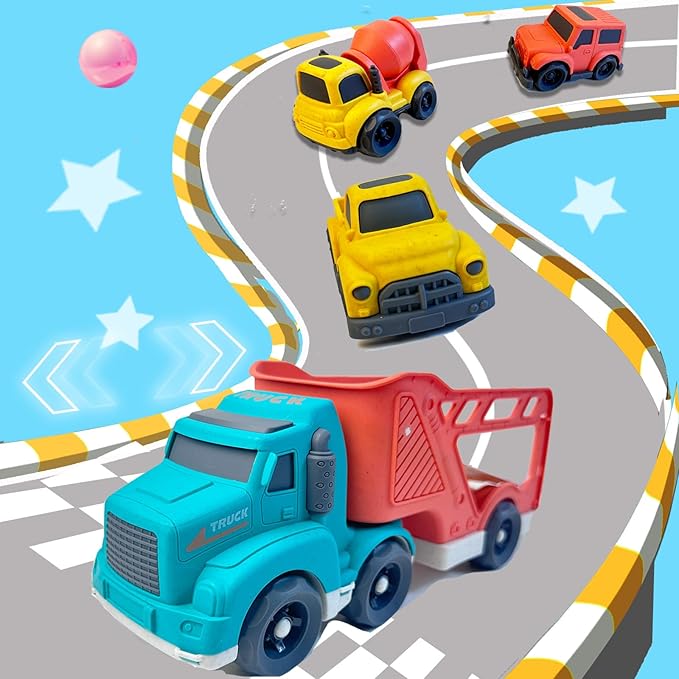 4 Pcs Toddler Car Toys for 2 3 4 5 Years Old, Carrier Truck 3 in 1 Transport Pickup Truck, Mixer Cement,SUV Toy Car, Christmas Birthday Gifts for Kids Toys Boys Girls,Sand Toys