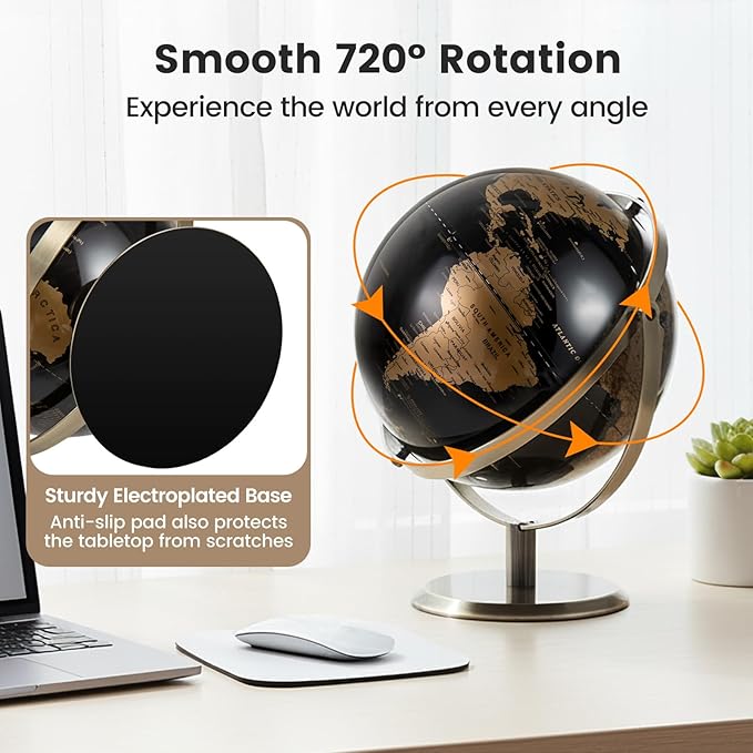 Goplus 9-Inch Metallic Black World Globe, 720° Rotating Earth Globe w/Metal Stand, Educational Learning Toy, Teaching Gift for Kids, Modern Desktop Decoration for Home, Office, School