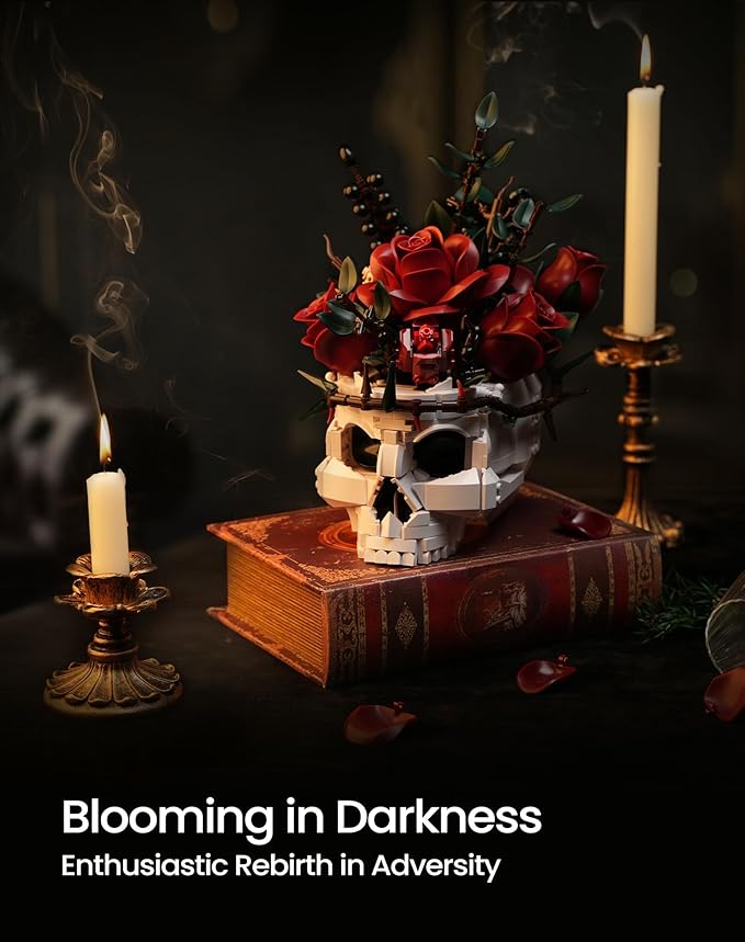 iATOM Halloween Skull Rose Bouquet Building Set, Flowers Botanical Collection Kit for Adults - Gothic Horror Skeleton Plant Pot Home Table Centerpiece Decor - Halloween, IA11008