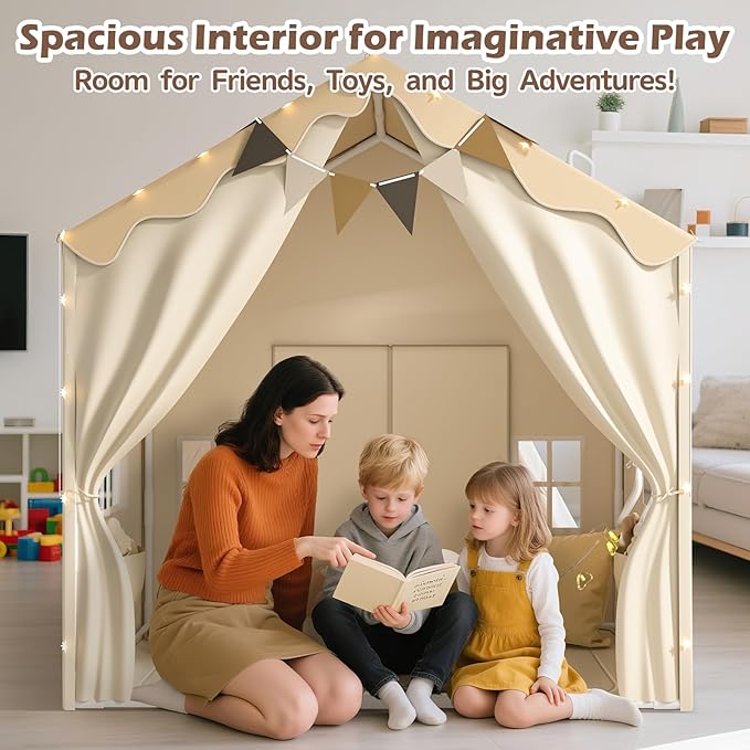 EagleStone 2-in-1 Kids Tent,Large Play Tent with Padded Mat and Lights,Kids Playhouse with 2 Doors & 4 Windows,2 Large Side Pockets,Indoor Outdoor Kid Play Tent for Toddlers,53" x40" x 51"