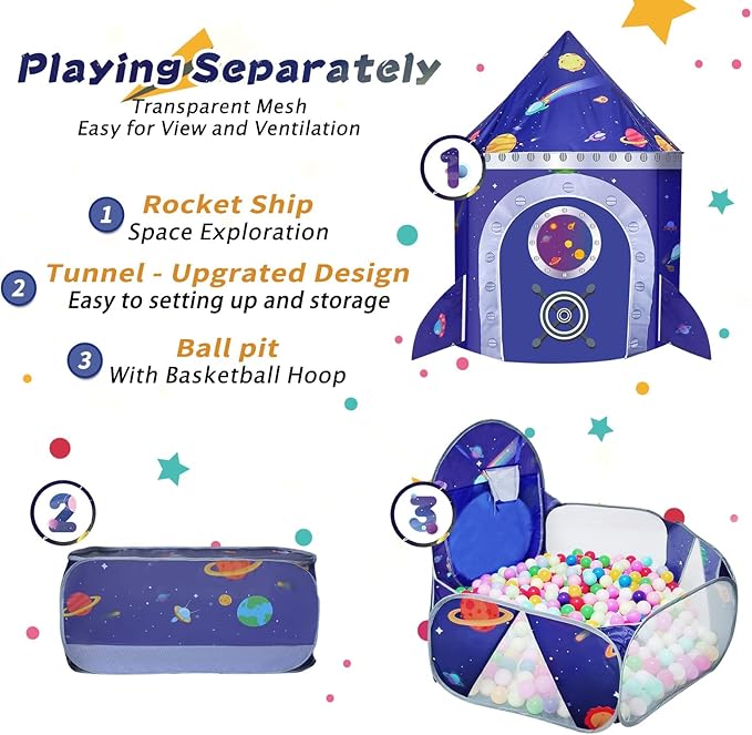 TTLOJ Gift 3pc Rocket Ship Kids Play Tent, Ball Pit, Crawl Tunnel, Toddlers Playhouse Castle Toys, Baby Boys Girls Gift for 3 4 5 6 7 Year Old, Outdoor Indoor(Balls Not Included)