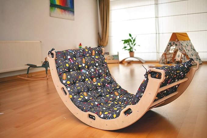 Climbing Arch | Montessori Rocker Arch | Arch with Cosy Pillow | Wooden Climbing Arch with Cushion | Wooden Climbing Arch and Rocker | Indoor Playground Cosy Cushion Rocker (Space)
