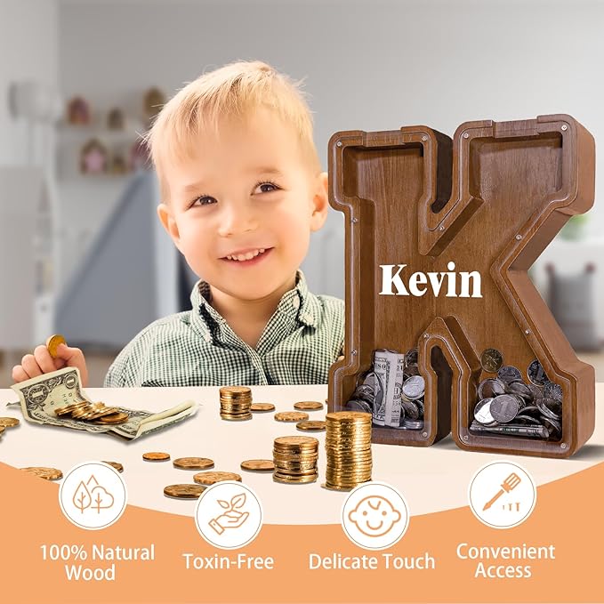 Wooden Letter Piggy Bank for Kids Larger Letter Piggy Bank for Boys and Girls Personalized Piggy Bank Initial Coin Bank Wood Kids Money Bank for Birthday and Festival