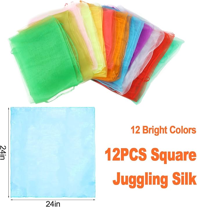 KIMOBER 12PCS Square Dance Scarves,12 Colors Juggling Silk Magic Tricks Music Movement Scarf Props for Kids Toddlers Children(24in × 24 Inches)