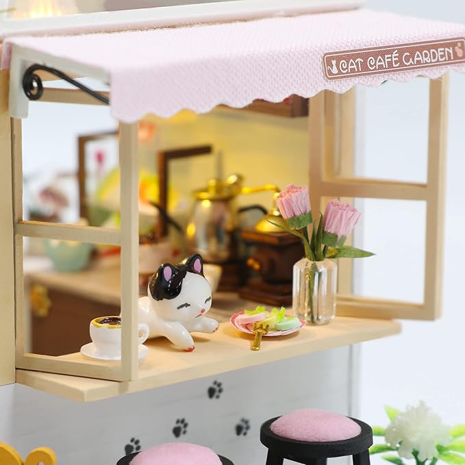 CUTEROOM DIY Miniature House Kit- Lovely Cats House, Tiny Dollhouse Wooden Furniture Kit, Mini DIY Craft Kits Creative Room for Christmas Decoration Family Friends