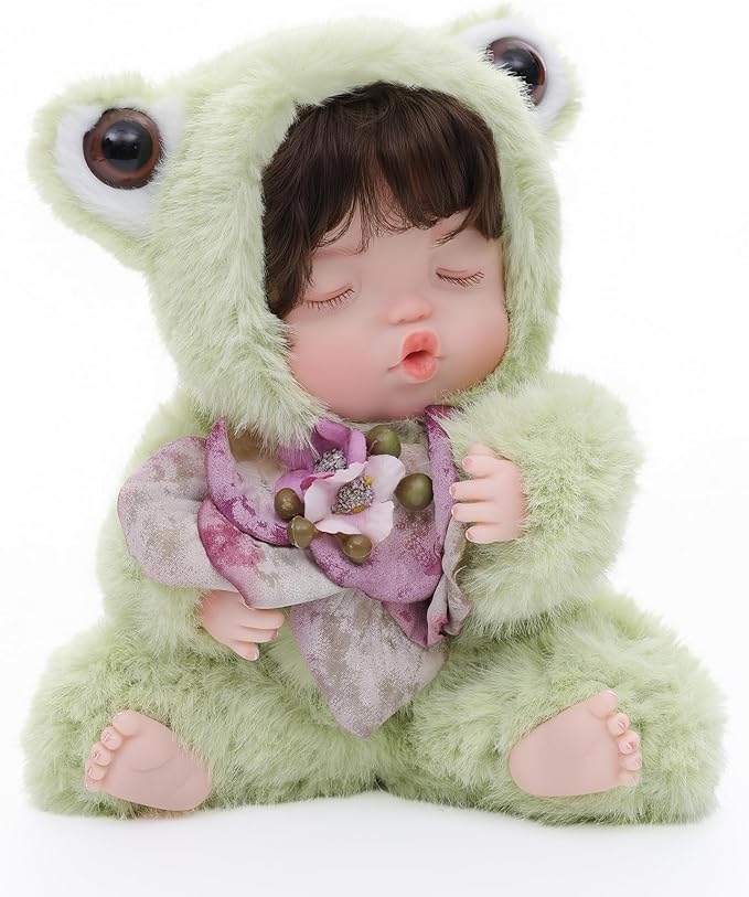 Reborn Baby Doll 10 Inch – Realistic Vinyl Sleeping Girl in Soft Green Frog Outfit – Comfort Doll Gift for Girls & Collectors