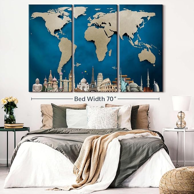 ElephantStock Ocean Blue World Map Multi Piece Canvas - 3 Panel Wall Decor - Map of the World Art - Canvas for the Office and Home - 74" X 48"