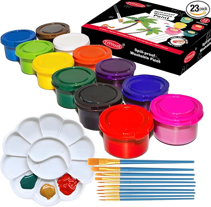 Washable Paint Set for Kids 12 Colors，Solid Watercolor Paint Set，Finger Painting for Toddlers，Washable Tempera Paint with Paint Palette and 10 Toddler Paint Brushes