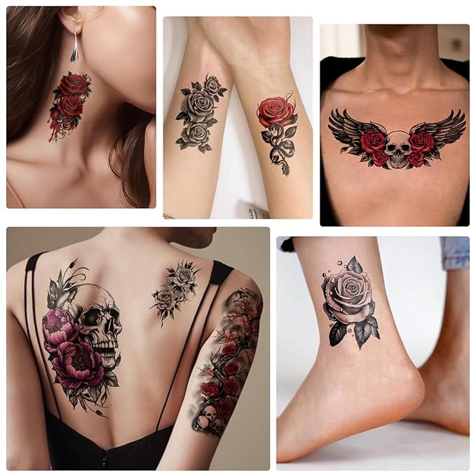 77 Sheets Skull Rose Temporary Tattoos, Lotus Flower Butterfly Half Arm Realistic Fake Tattoos Stickers for Adult Women Men Kids