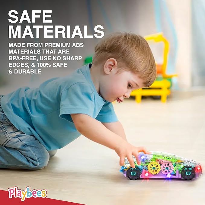 Playbees Light-Up Transparent Car Toy, Toys for Autistic Kids Ages 3-5 Sensory Toy for Kids with Autism Special Needs Toys, Bump and Go Toys for Toddlers Music and LED Effects Great Gift Idea