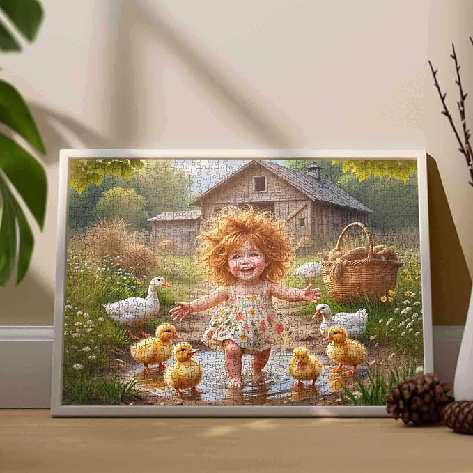 Tucocoo 1000 Piece Jigsaw Puzzle for Adults – Whimsical Cottagecore Farm Scene with Little Girl, Ducklings Rustic Barn – Vintage Farmhouse Puzzle for Relaxation, DIY Crafts Puzzles Home Decor Gifts