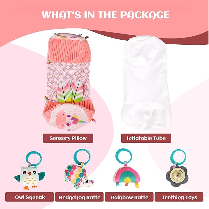 Inflatable Baby Tummy Time Toys Pillow for Newborn, Montessori Baby Sensory Toys Roller with Detachable Mirror, Squeaker, Teether & Rattle, Help with Early Development 3-6 Months (Unicorn)