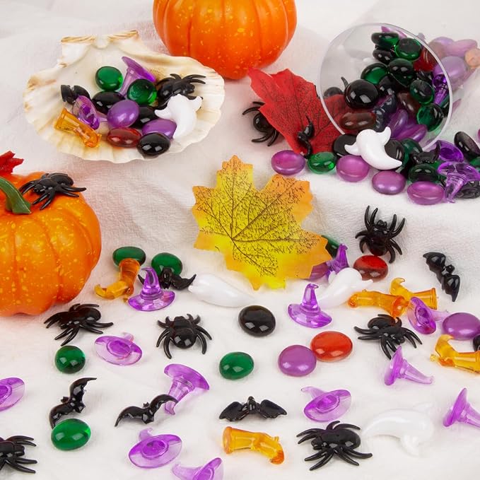 100+ Halloween Sensory Bin Filler & Vase Filler Acrylic Gems Mini Resin Animals Spider Bat & Ghost Witch Hat Boots, for Halloween Decoration, Vase Filler, Sensory Bin Filler Preschool Counting Gems