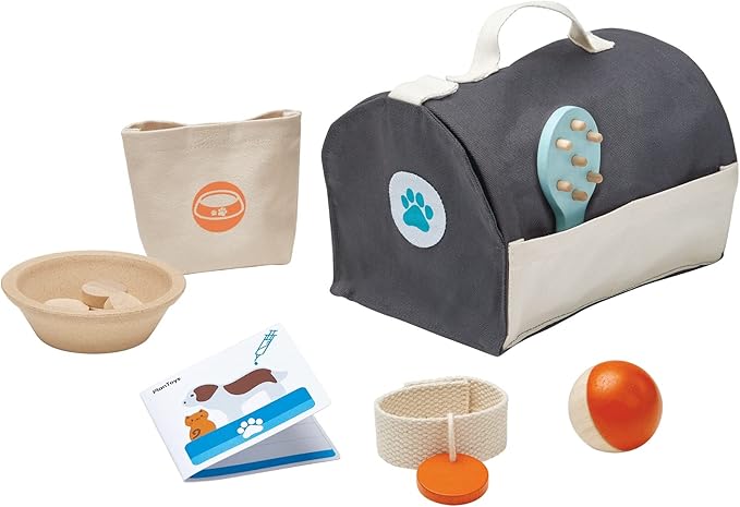 PlanToys® Pretend Pet Care Play Set for Kids | Animal Carrier with Brush, Food, Bowl, Ball, Collar & Accessories | Montessori Toy for Toddlers | Educational Gift for Boys & Girls