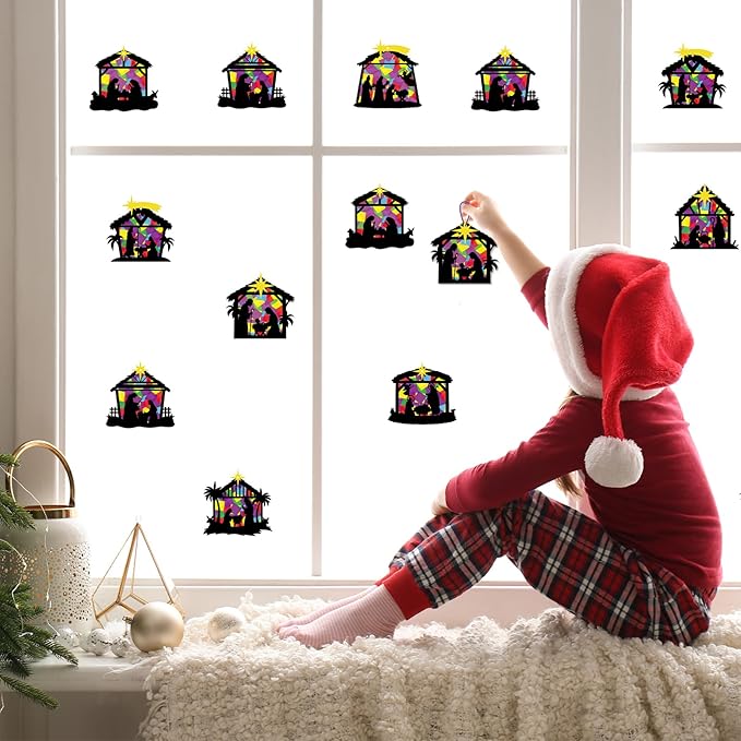 Renbuzhu 40PCS Christmas Crafts Bulk: Nativity Religious Paper Suncatchers DIY Kit for Winter Xmas Holiday Activities Decorations, Window Stained Glass Effect Art Ornaments