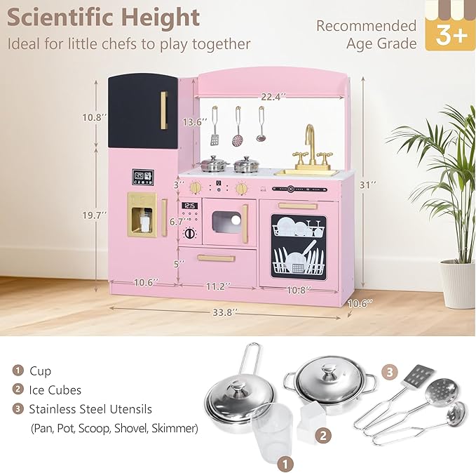 Kinder King Wooden Kids Play Kitchen, Toy Kitchen Playset for Toddler, Play Kitchen Set w/Blackboard, Transparent Coloring Board, Pretend Dishwasher, Oven, Ice Maker, Gift for Boys Girls Age 3+, Pink