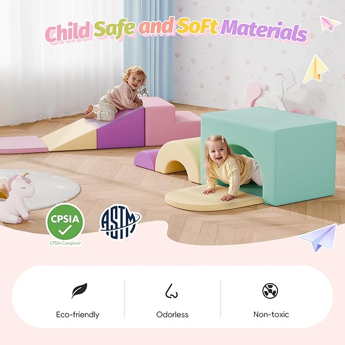 MU ‌Soft Climbing Toys for Toddlers, 7-Piece Baby Soft Foam Climbing Blocks, PU Leather Gym Climb and Crawl Activity Play Set, Indoor Climbing Toys for Kids and Children, Pink