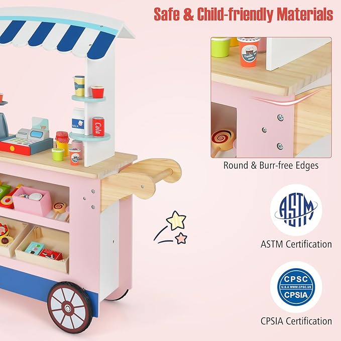 Costzon Kids Grocery Store Playset, Toddler Pretend Market Stand Shop Play Set w/ 30PCS Play Toy, Beverage Rack, Cash Register, Scale, Large Wheels, Wooden Food Cart, Gift for Boys Girls 3+ (Pink)