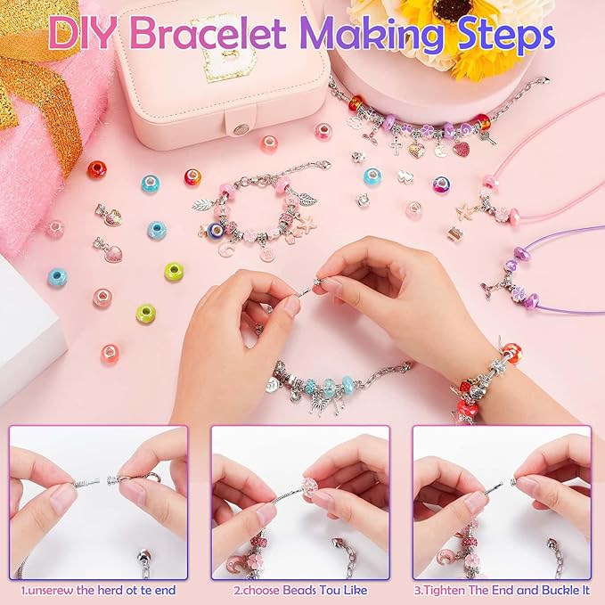 Charm Bracelet Making Kit with Jewelry Box Charm Beads for Jewelry Making DIY Bracelet Craft Kit for Birthday Gifts Valentine Christmas