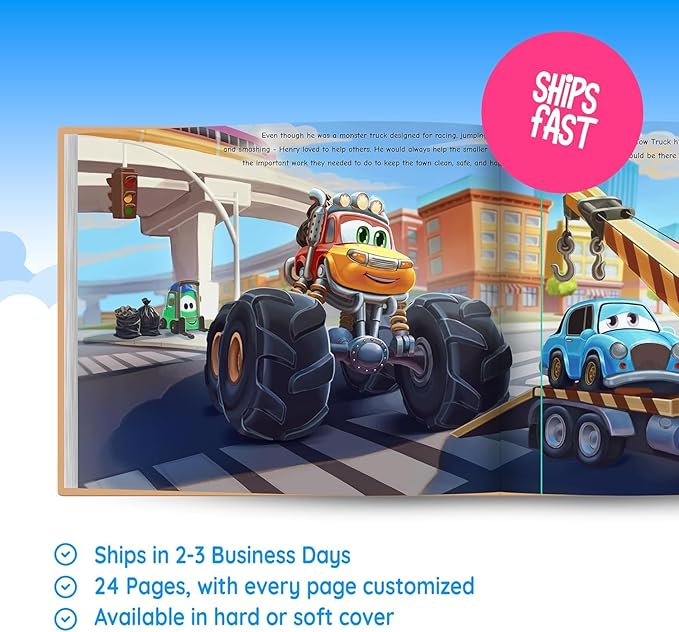 STORYBUG Personalized Monster Truck Story Book - Kids Custom Book with Name in The Story, 11in x 8.5in, Blue