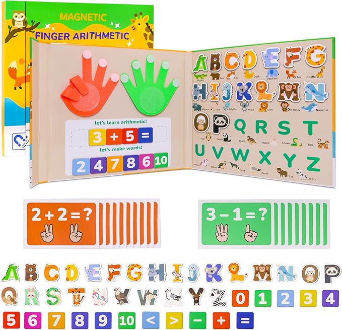 2 in 1 Preschool Learning Toys, Educational Number Counting for Kids, Portable Animals Magnetic Alphabet Letters Learning Board, Homeschool Supplies for Math Manipulates and Learning Spelling.