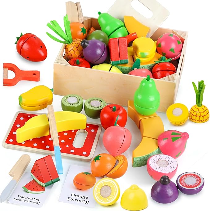 35PCS Wooden Play Food for Toddlers, Pretend Food Toys Play Kitchen Accessories with Storage Basket, Learning Cards, Cutting Food Fruits Toys Montessori Toys Gift for Kids Girls Boys Age 3 4 5 6