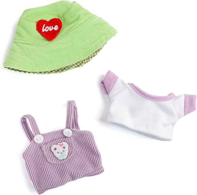 17cm Design Clothes for Labubu Doll - Kawaii Chic Style Set for 17cm Dolls, Cute Doll Outfit with Accessories - Puprle Bear Romper + Purple Shirt + Heart Shaped Green Hat (Clothes Only)