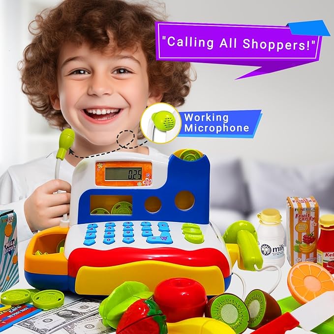 FUNERICA Toy Cash Register - with Large Interactive Coins Great for Toddlers - Scanner, Microphone, Calculator. Includes Grocery Food, Cuttable Fruit, Pretend Play Money - for Toddlers and Kids