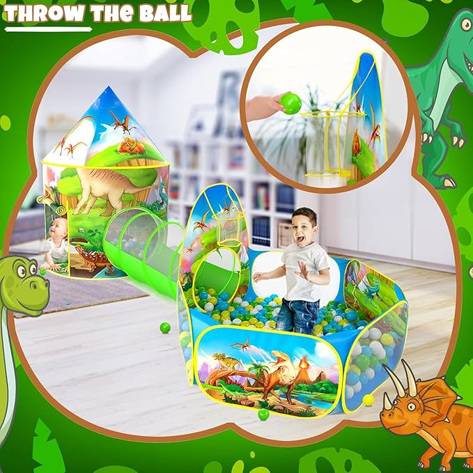 3PC Dinosaur Play Tents for Boys with Piano Mat, Kids Play Tent with Ball Pit, Crawl Tunnel, Castle Tent for Toddlers, Baby Dinosaur World Playhouse Toys