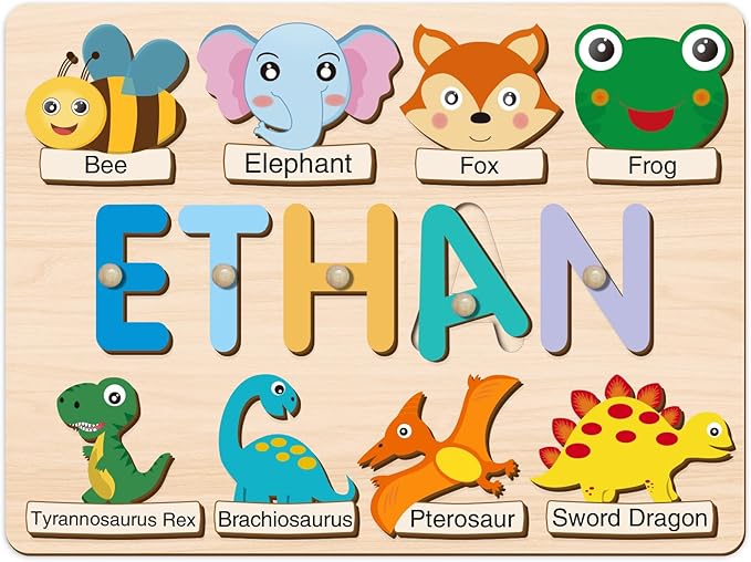 Personalized Name Puzzle for Toddlers 1-3, Custom Wooden Puzzle with Animal Names & Patterns, Montessori Learning Toy, Unique Baby Shower for Boys & Girls