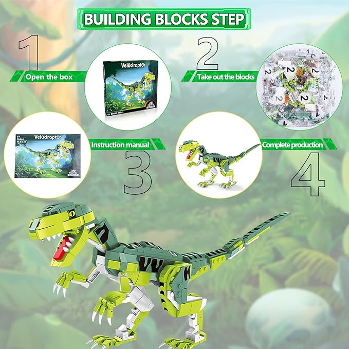 SIENON Creator Velociraptor Dinosaur Building Toy Set, Dinosaur Park World Dominion Raptor Model Toy Building with Movable Jaw, Neck and Joints, 16.3” Dinosaur Toys for Kids 6-14 Years Old (533 Pcs)