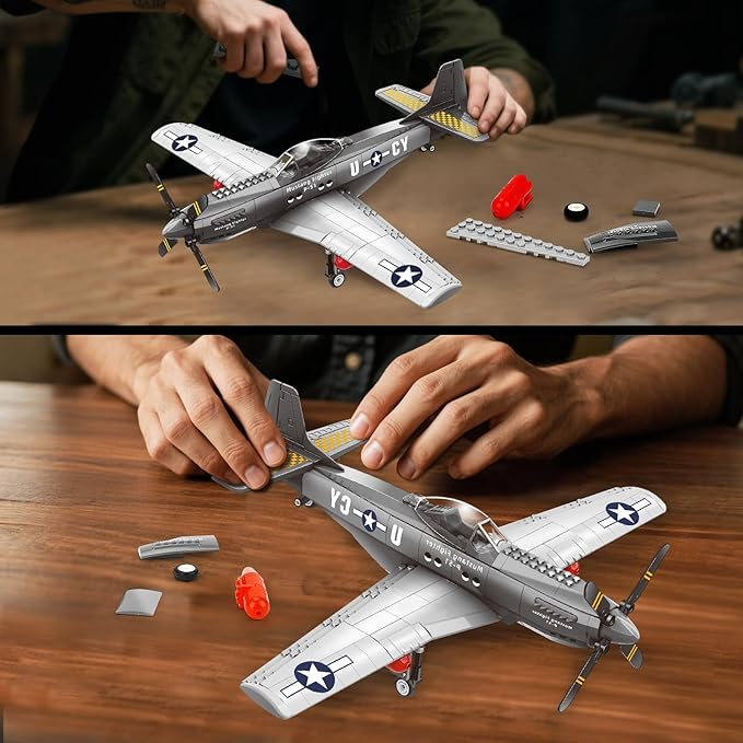 P51 Mustang Fighter Jet Building Set- Compatible with Lego Military Plane, Military Army Airplane for 8-14 Years Boys and Adults as Gifts